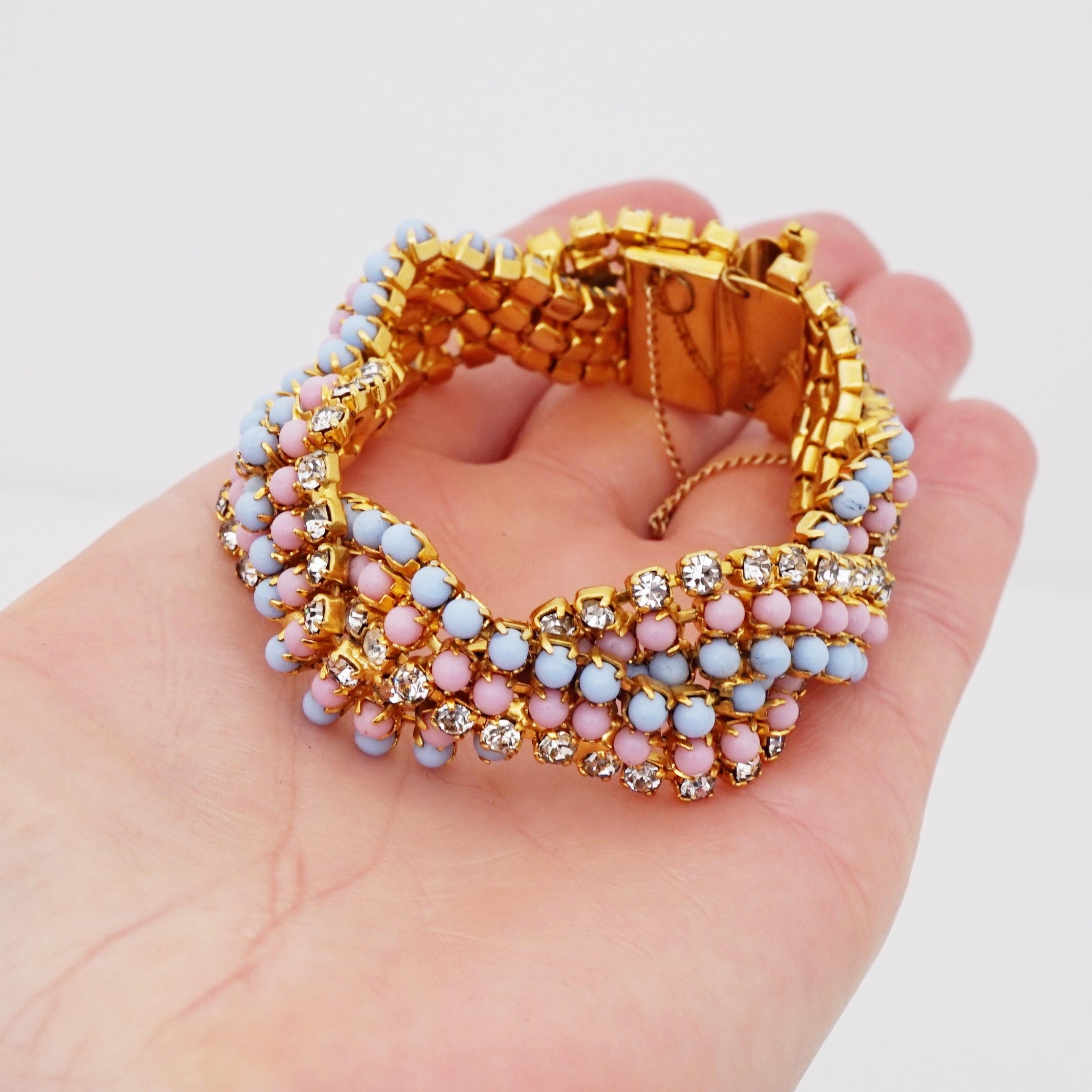 Pastel Milk Glass and Rhinestone Bracelet By Hobé, 1960s In Good Condition For Sale In McKinney, TX