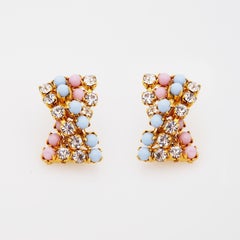 Pastel Milk Glass and Rhinestone Criss-Cross Earrings By Hobé, 1960s