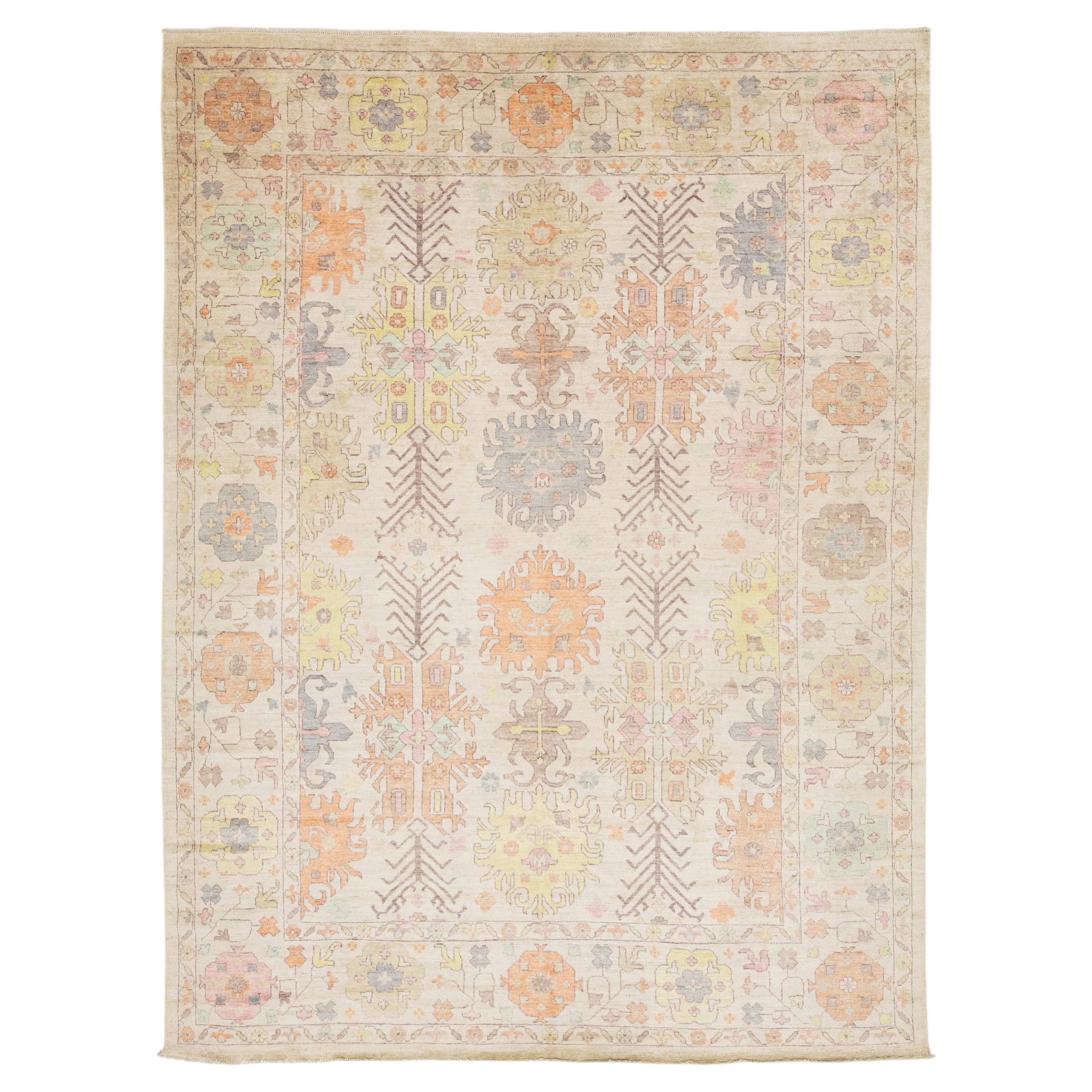 Pastel Modern Oushak Style Hand-Knotted Wool Area Rug 10x13