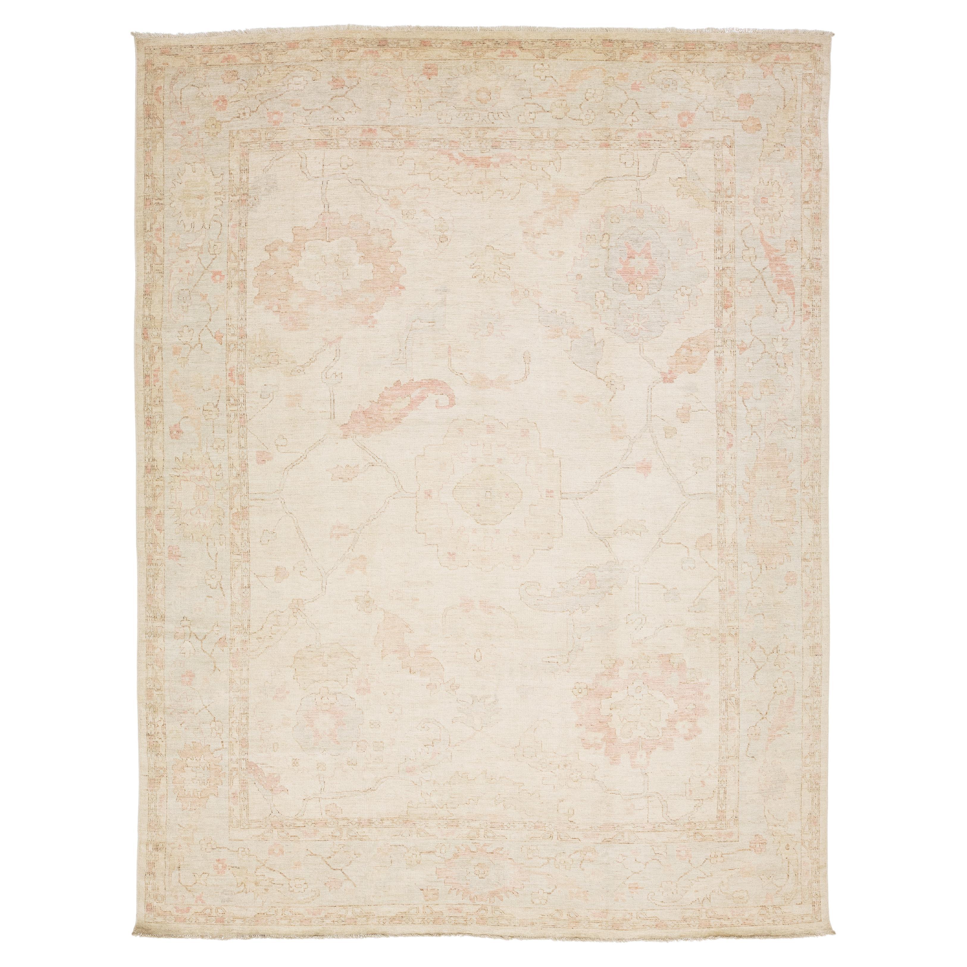 Pastel Modern Oushak Style Hand-Knotted Wool Area Rug In Cream and Peach 12x15