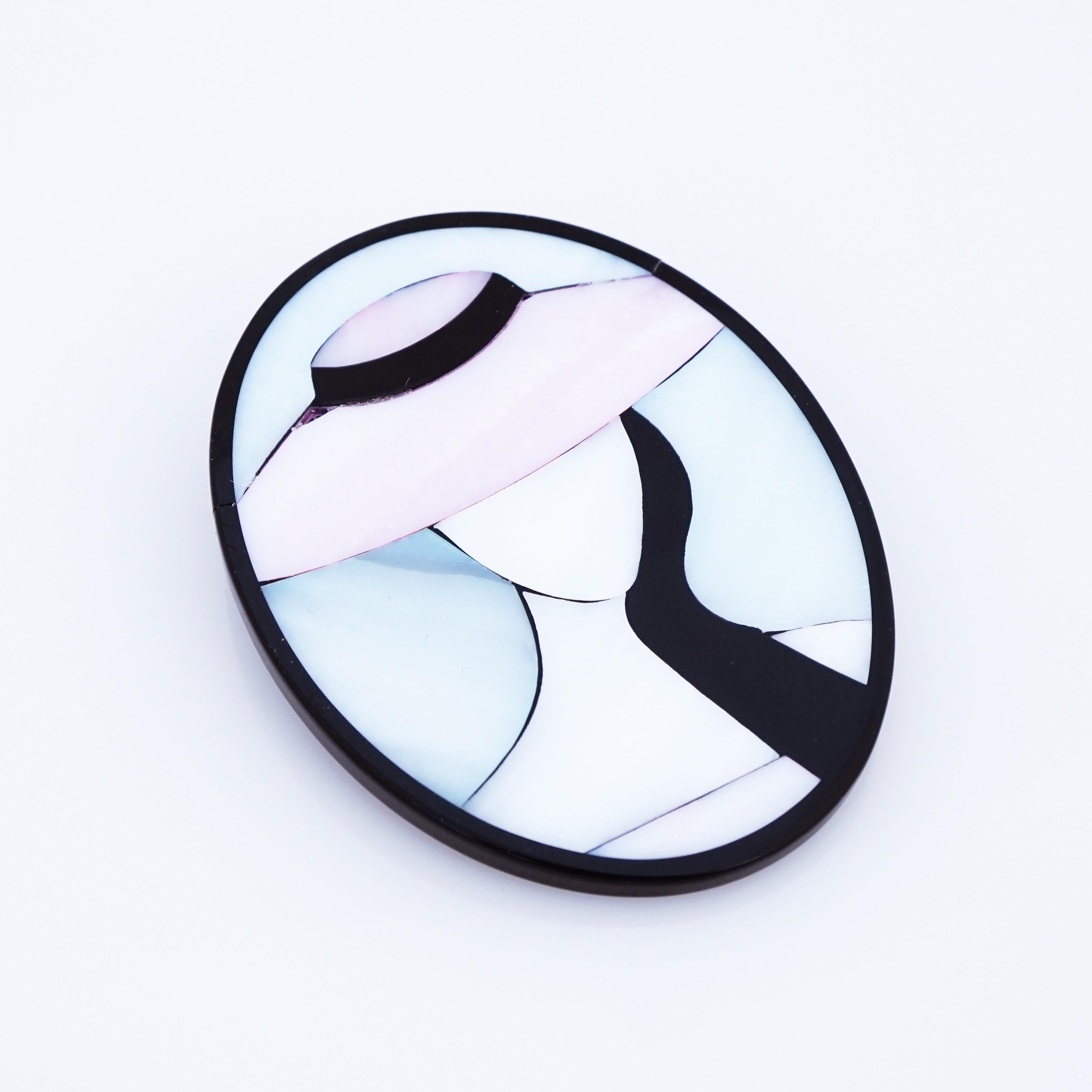Modern Pastel Mother of Pearl Inlay Woman In Hat Portrait Brooch, 1980s
