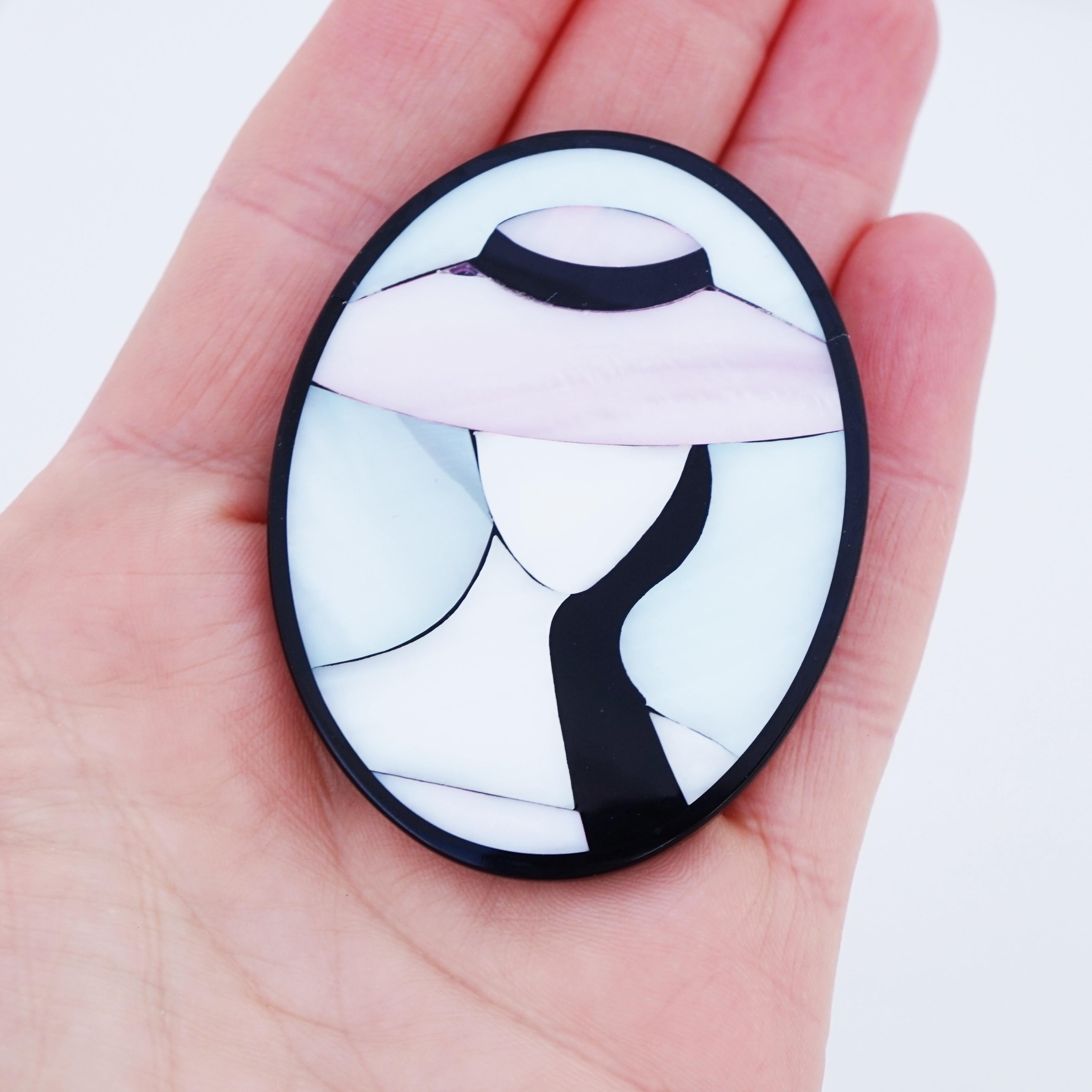 Pastel Mother of Pearl Inlay Woman In Hat Portrait Brooch, 1980s 1
