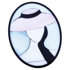 Pastel Mother of Pearl Inlay Woman In Hat Portrait Brooch, 1980s