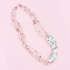 Pastel Mother of Pearl Parrot Necklace With Quartz Gemstones By Lee Sands, 1980s