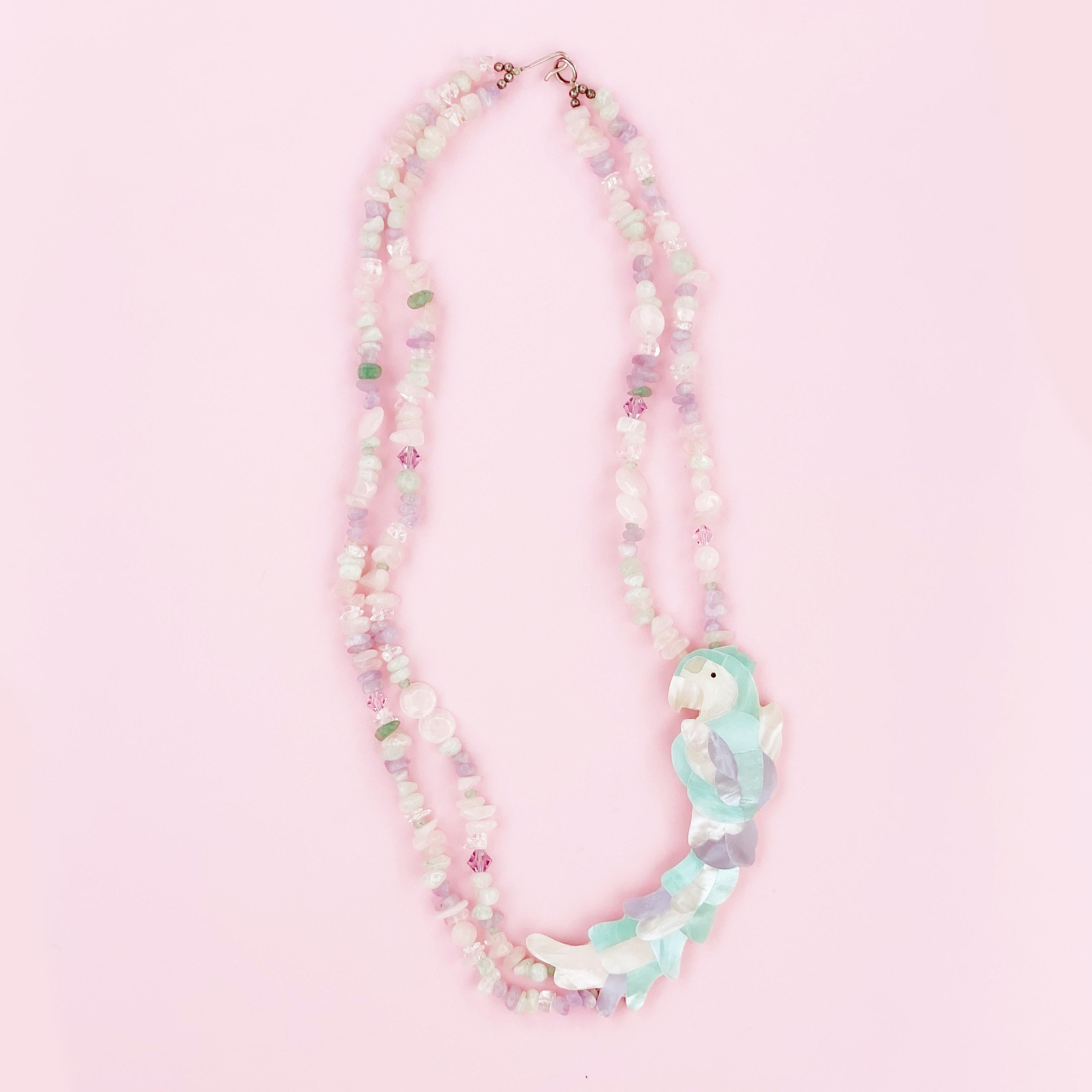 Modern Pastel Mother of Pearl Parrot Necklace With Quartz Gemstones By Lee Sands, 1980s