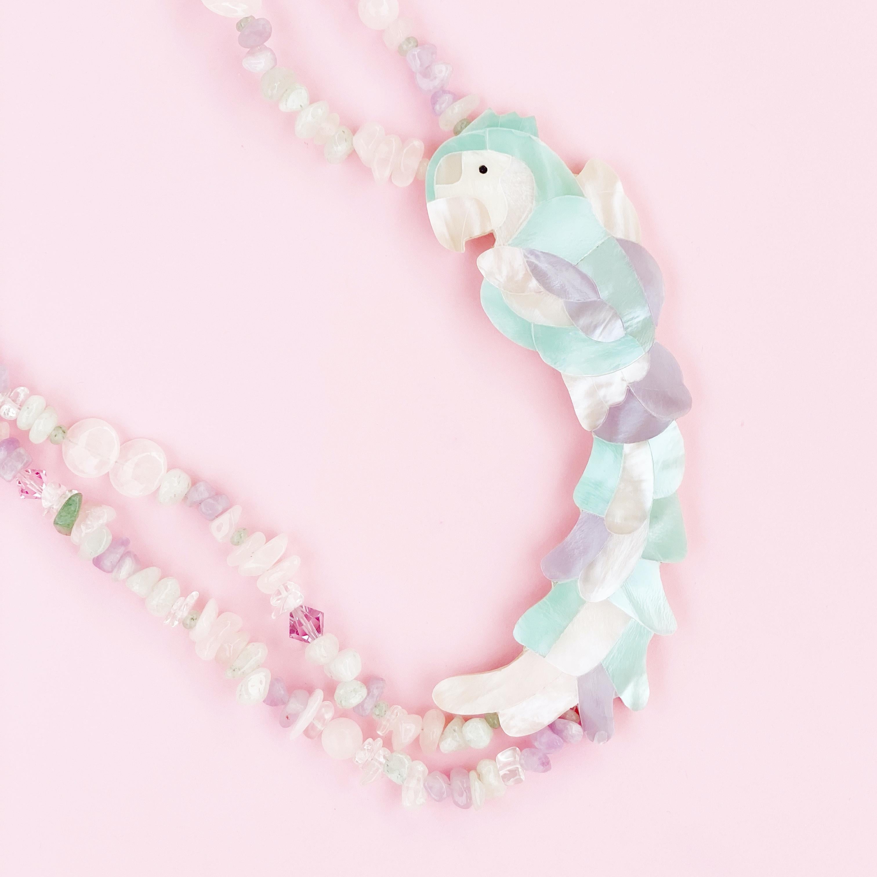 Pastel Mother of Pearl Parrot Necklace With Quartz Gemstones By Lee Sands, 1980s In Good Condition In McKinney, TX