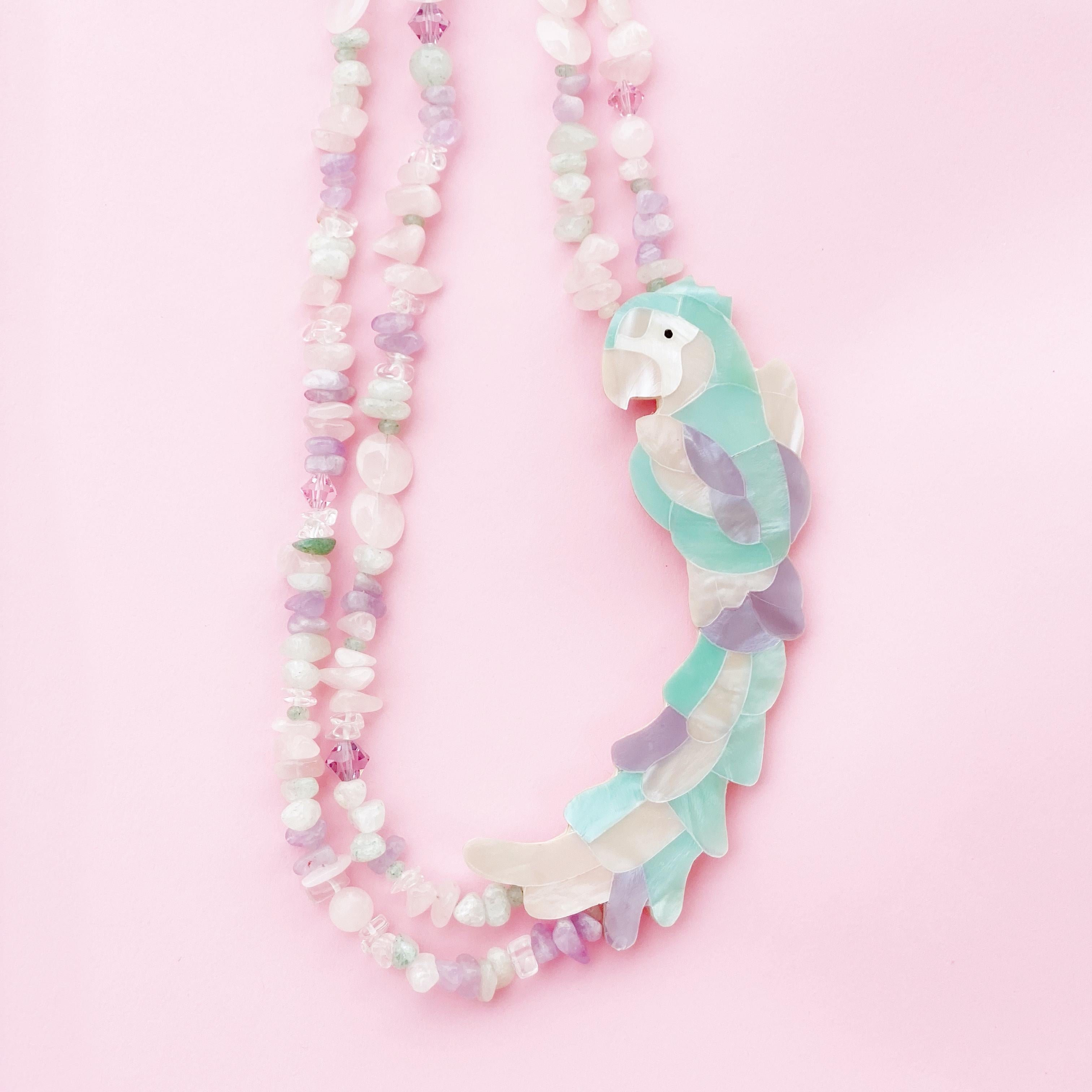 Pastel Mother of Pearl Parrot Necklace With Quartz Gemstones By Lee Sands, 1980s 1