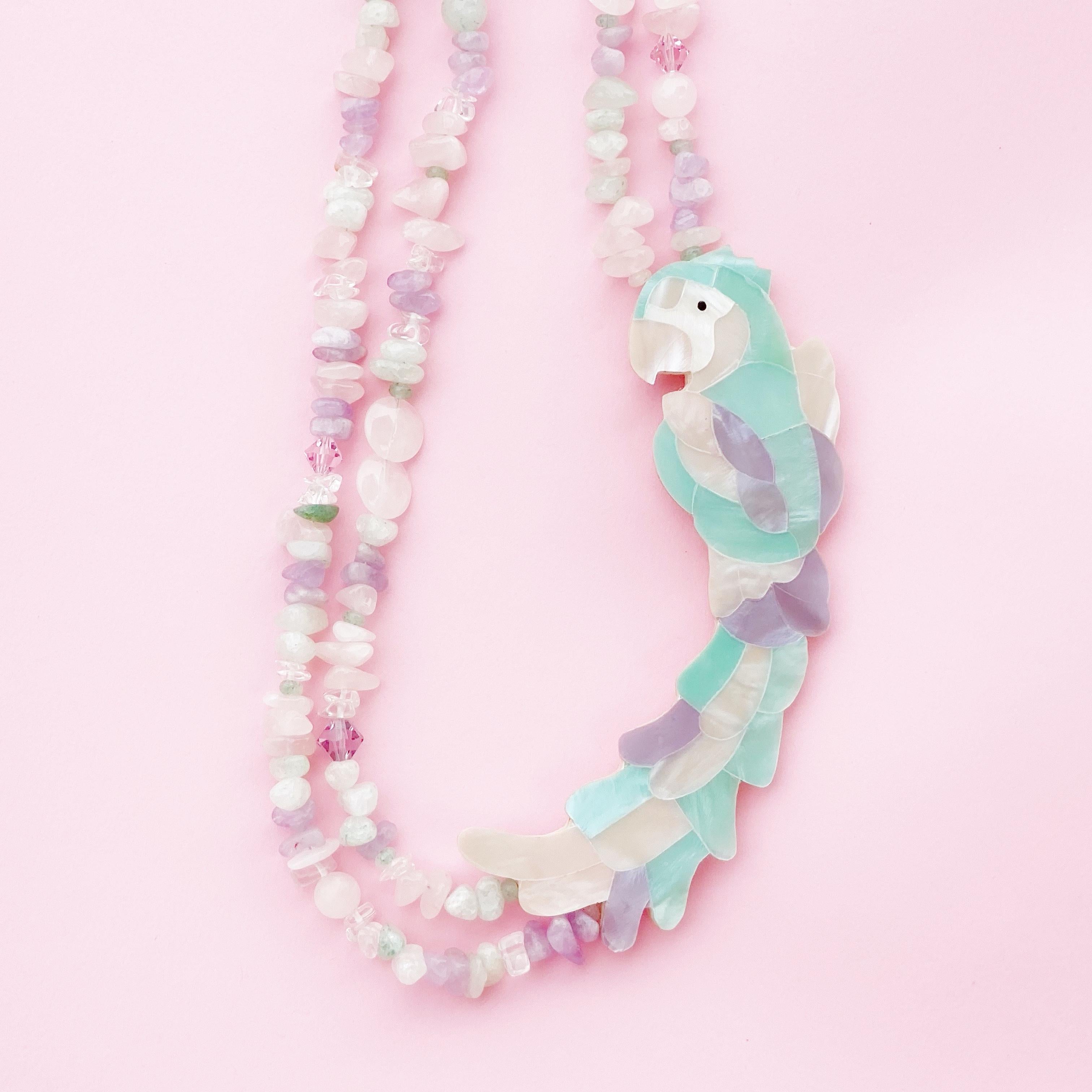 Pastel Mother of Pearl Parrot Necklace With Quartz Gemstones By Lee Sands, 1980s 2