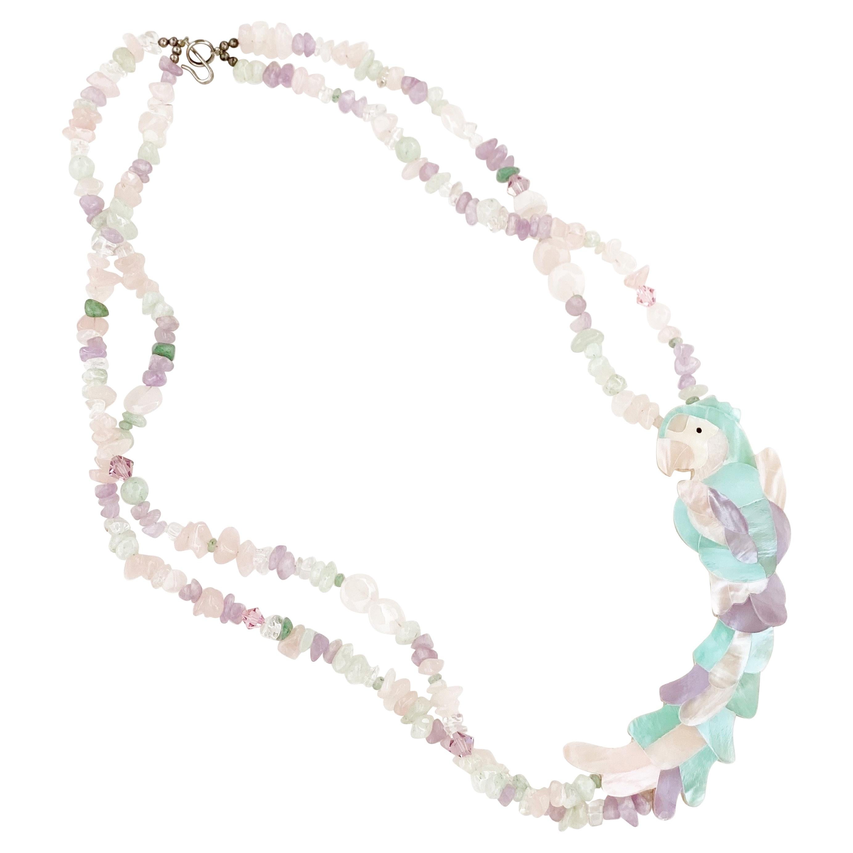 Pastel Mother of Pearl Parrot Necklace With Quartz Gemstones By Lee Sands, 1980s