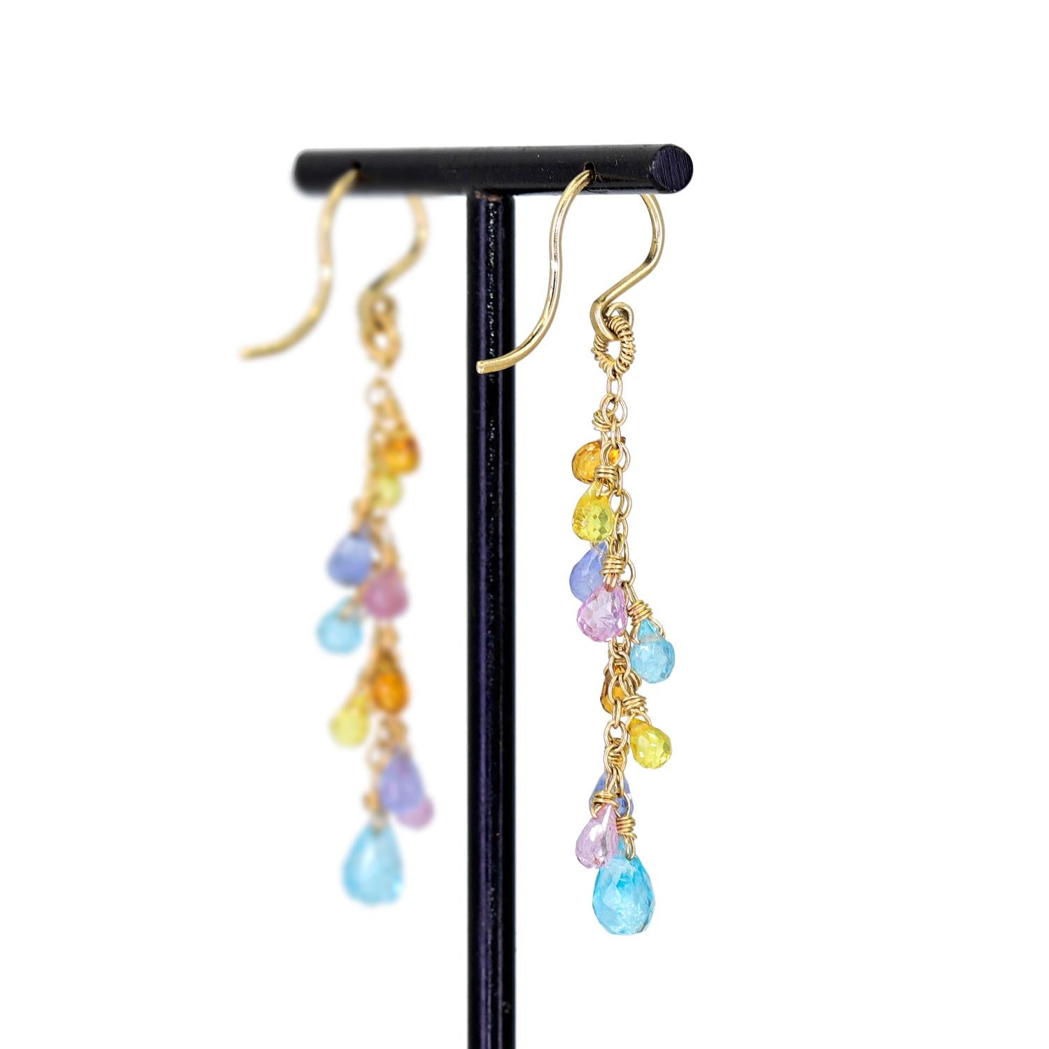 Artisan Pastel Multicolored Sapphire Briolette Drop Gold Dangle Earrings, Dana Kellin For Sale