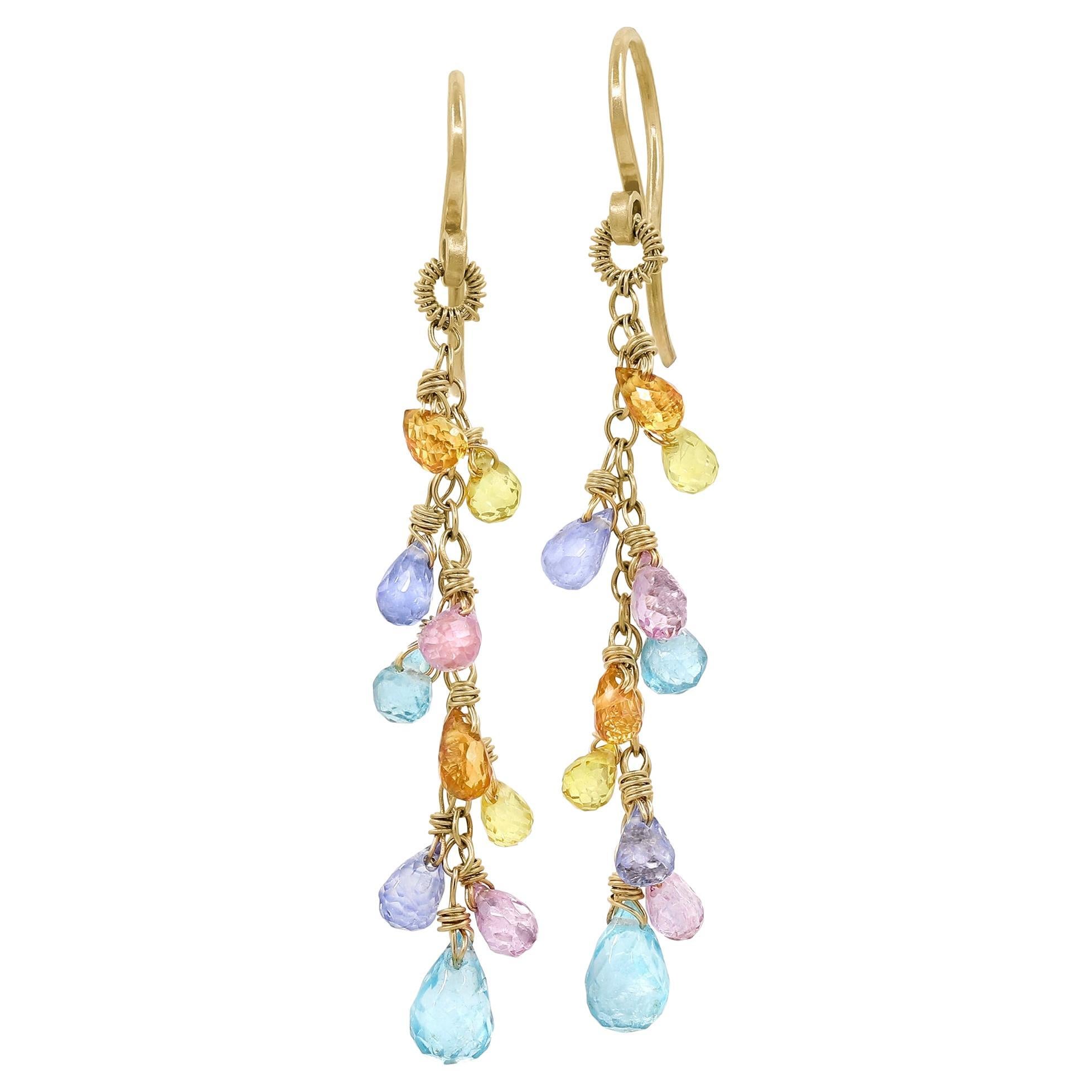 Pastel Multicolored Sapphire Briolette Drop Gold Dangle Earrings, Dana Kellin For Sale