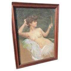 Pastel Naked Woman at the Mirror, Signed Pizzella, Early 20th Century