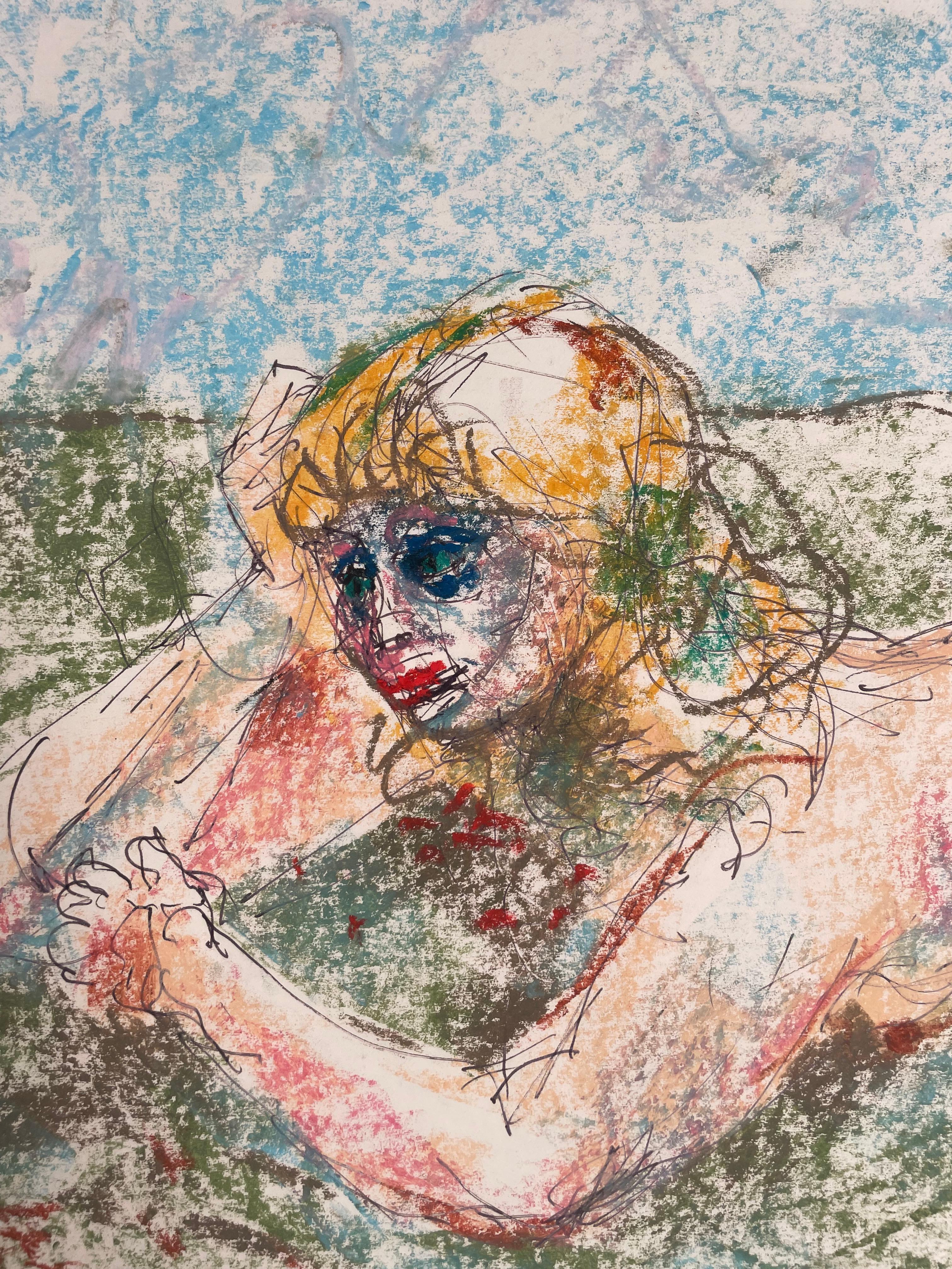 Nu ludique créé avec des pastels sur papier. Ce dessin ressemblant à une esquisse montre une femme portant un fard à paupières bleu dramatique et un rouge à lèvres rouge intense, allongée nue dans une prairie. 
Byron Randall (23 octobre 1918 - 11