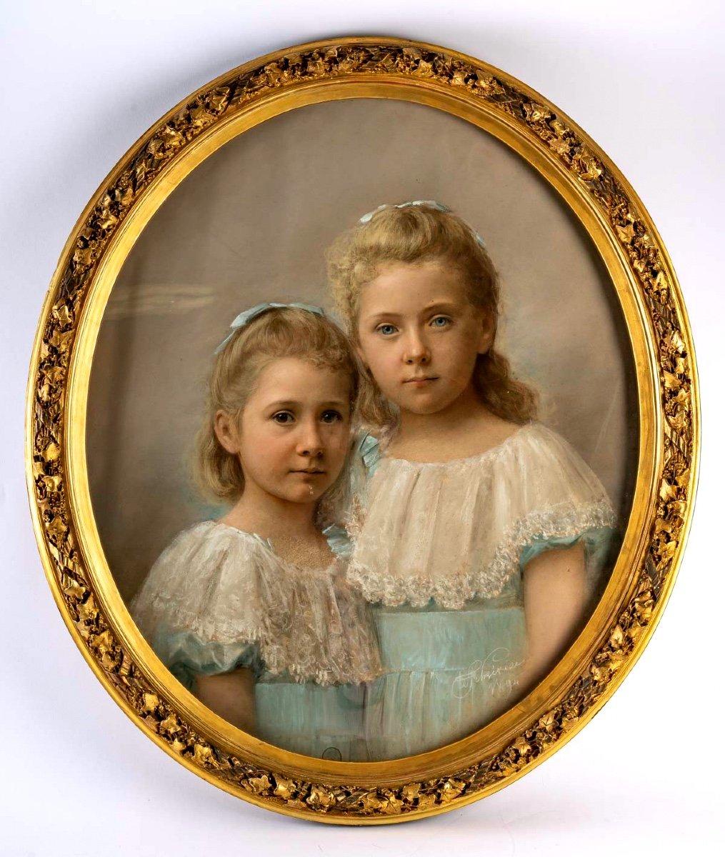 Napoleon III Pastel on Canvas, Gilded Wood Frame, Portrait of Two Girls, Period: 19th Century For Sale