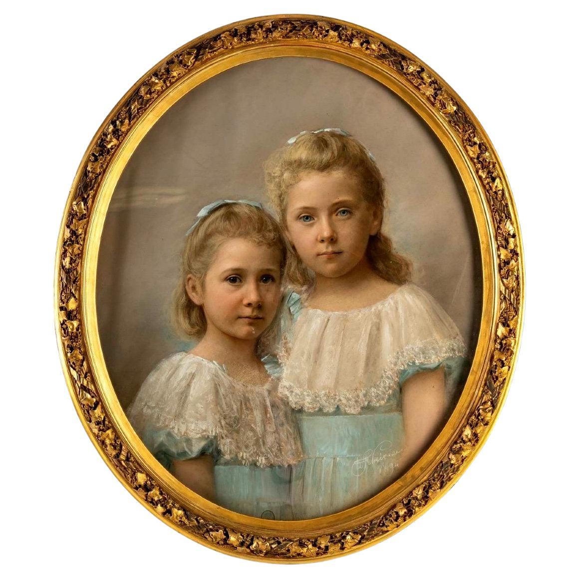 Pastel on Canvas, Gilded Wood Frame, Portrait of Two Girls, Period: 19th Century For Sale