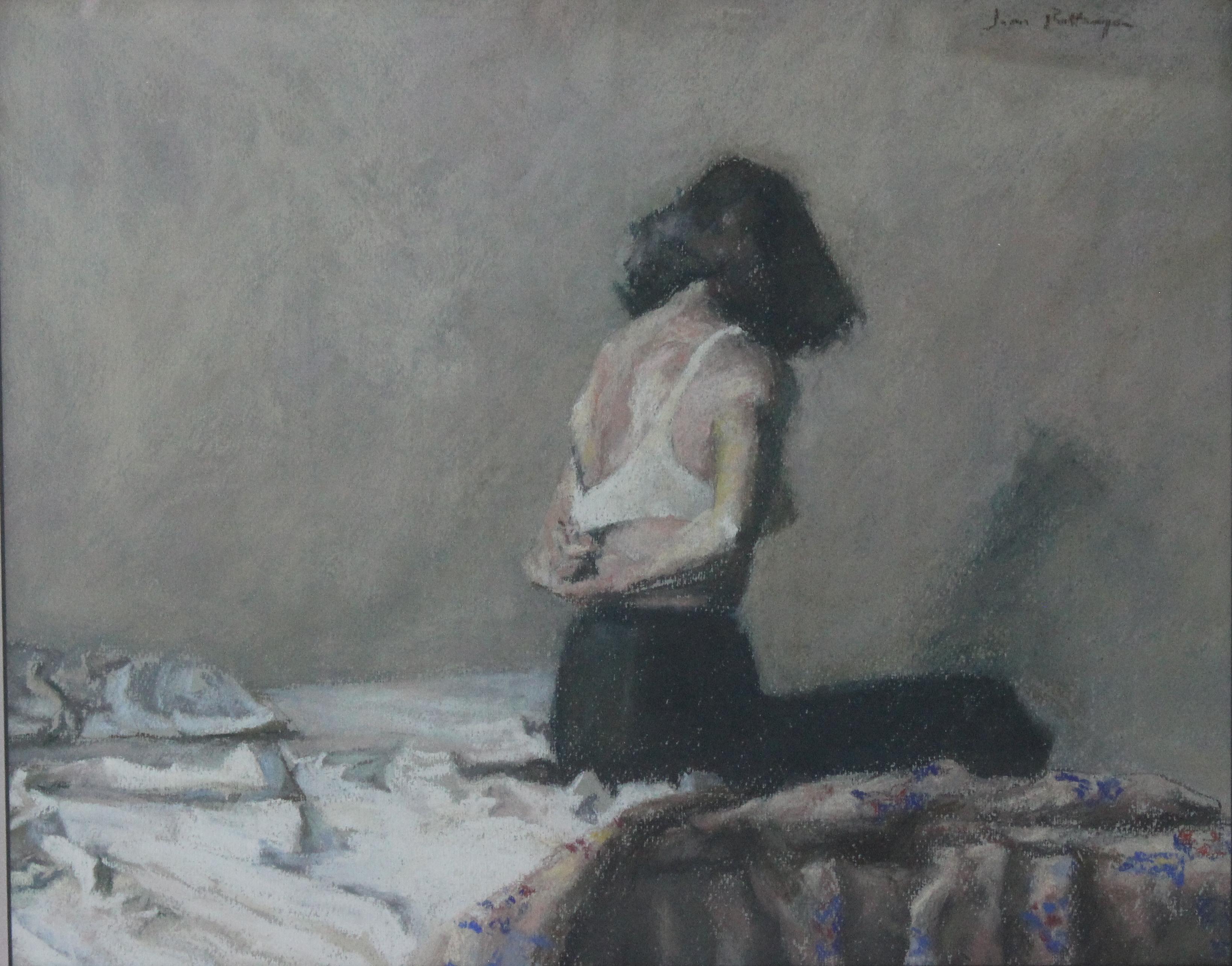 Peint à la main Figure semi-nue intitulée « Fin du jour » au pastel sur papier  en vente