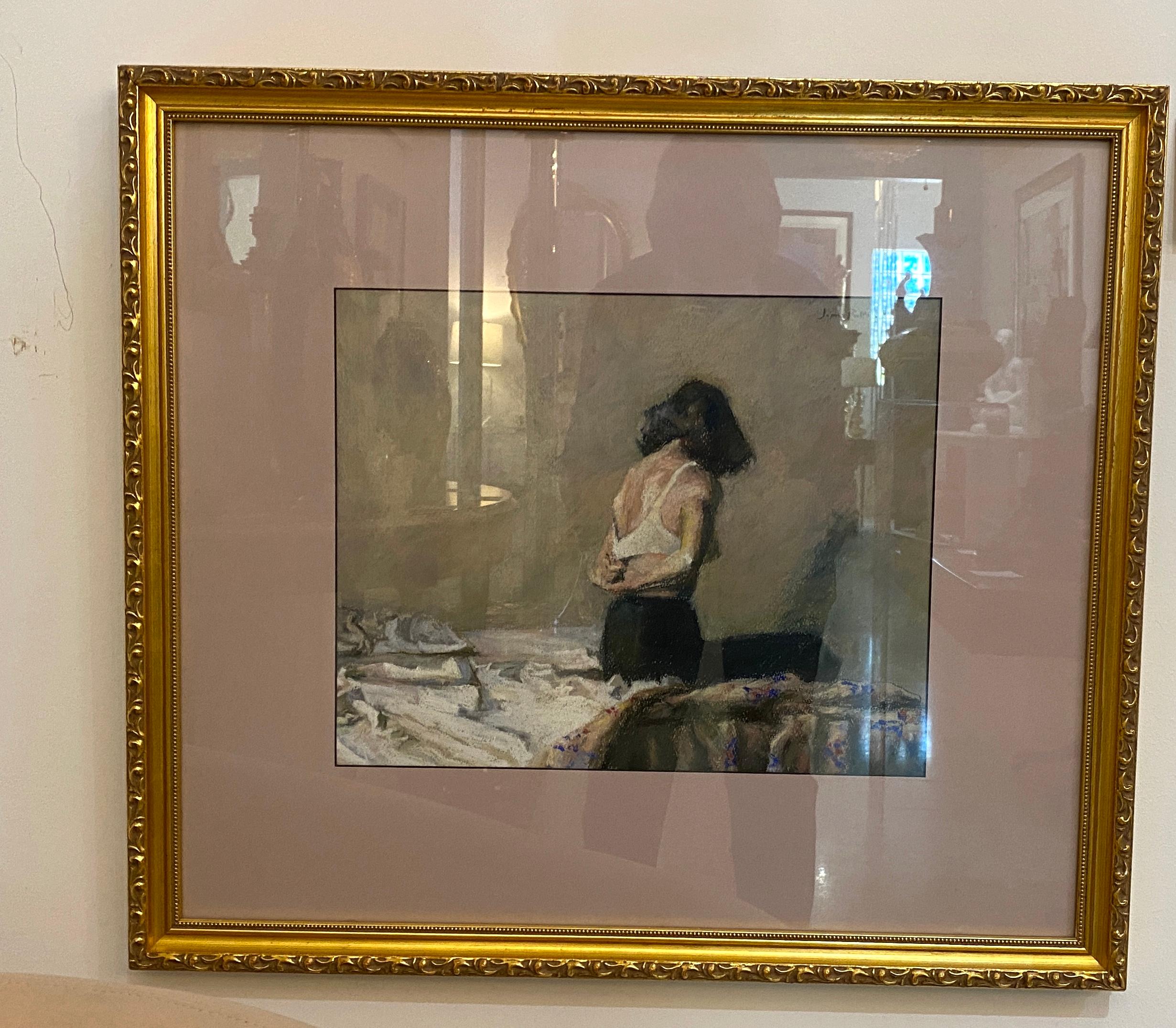 This pastel on paper is quite alluring with its subject matter and soft use of colors as the artist has captured a quiet, personal moment in this woman's life. 

Note: The piece is signed in the upper right corner but, we're not able to decipher the
