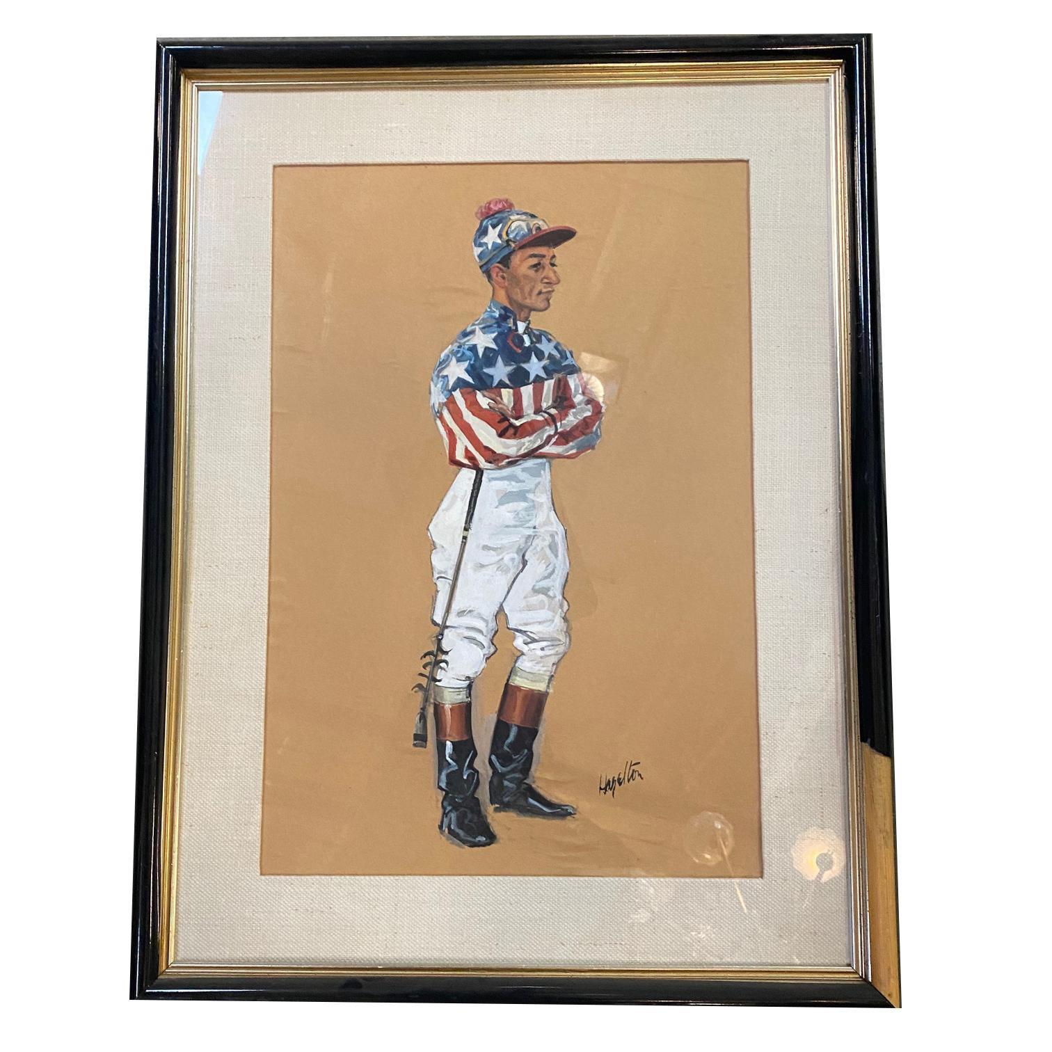 Original pair of midcentury pastels on paper featuring a portrait of period jockey rider. Each is signed by the original artist 