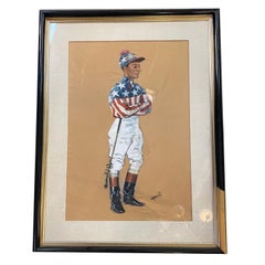 Pastel on Paper Horse Racing Jockey by Hagulaton, Pair