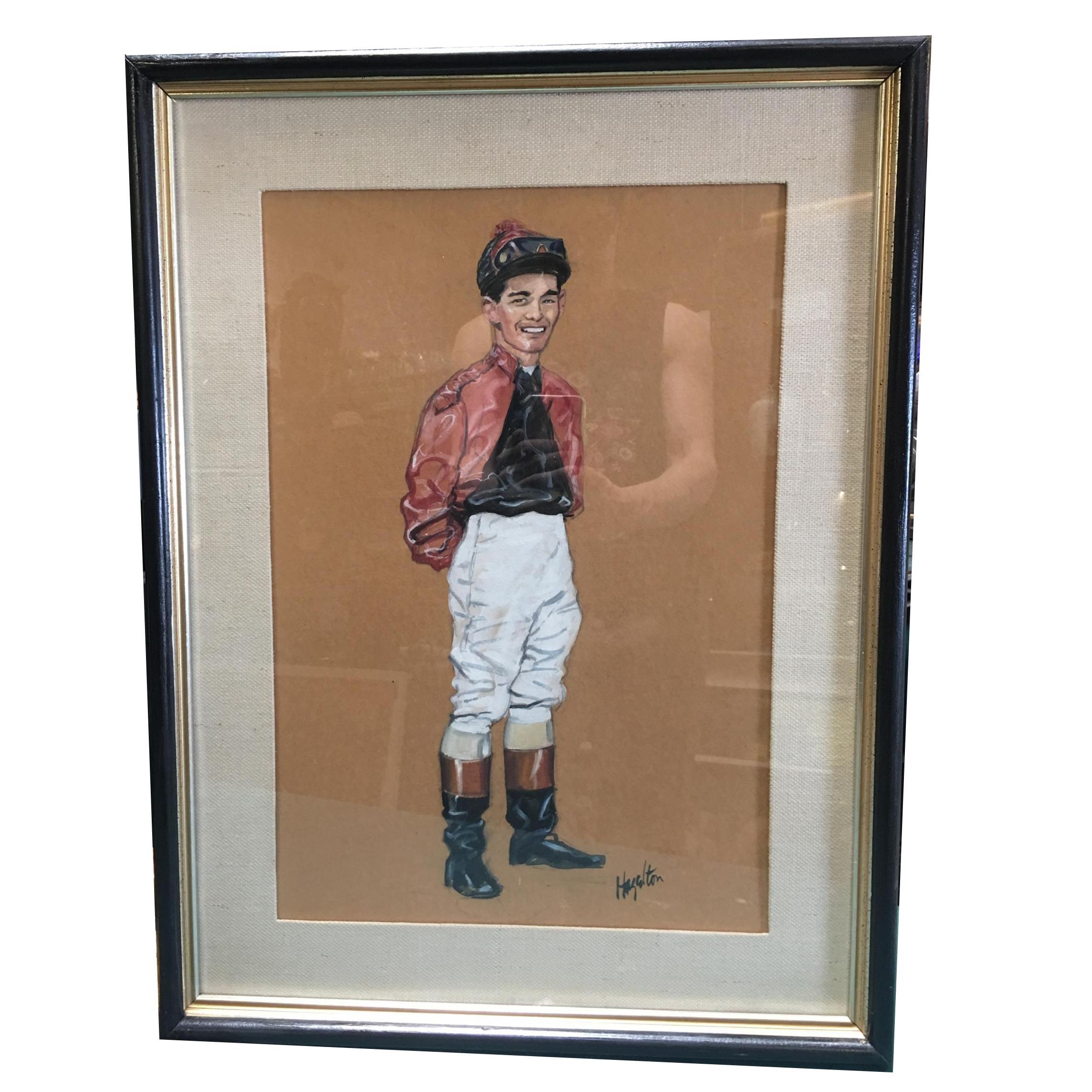 Mid-20th Century Pastel on Paper Horse Racing Jockey by Hagulaton, Pair For Sale
