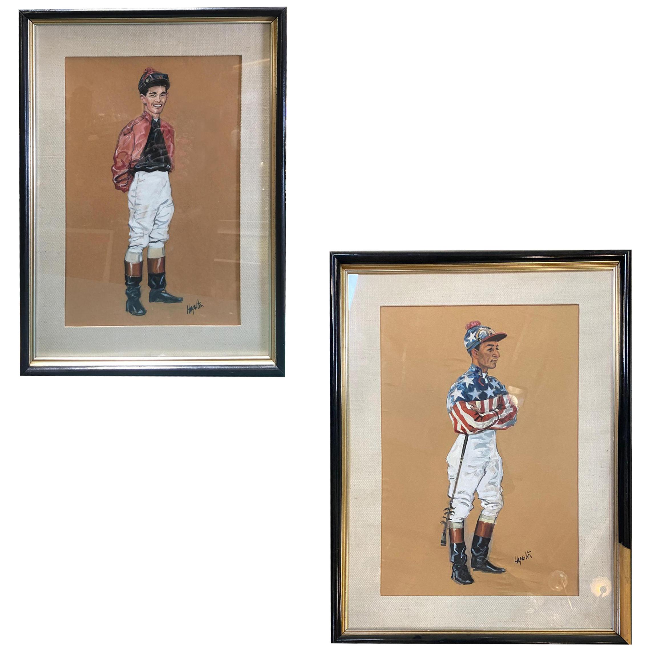 Pastel on Paper Horse Racing Jockey by Hagulaton, Pair For Sale