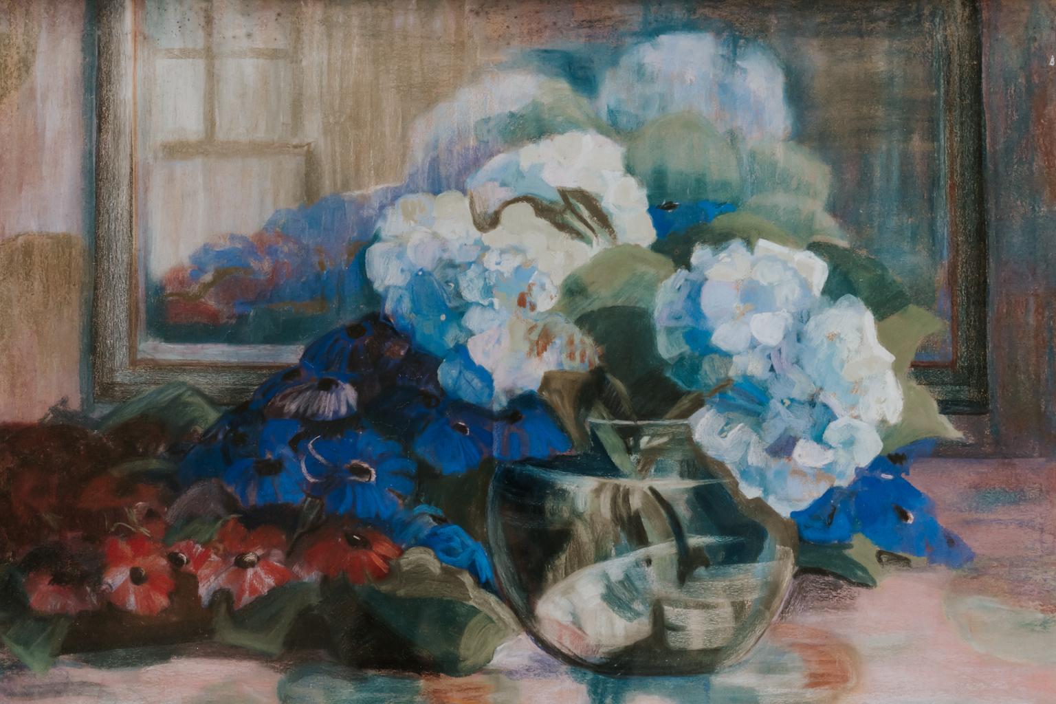 Belgian Pastel Painting, Blue and Red Flowers