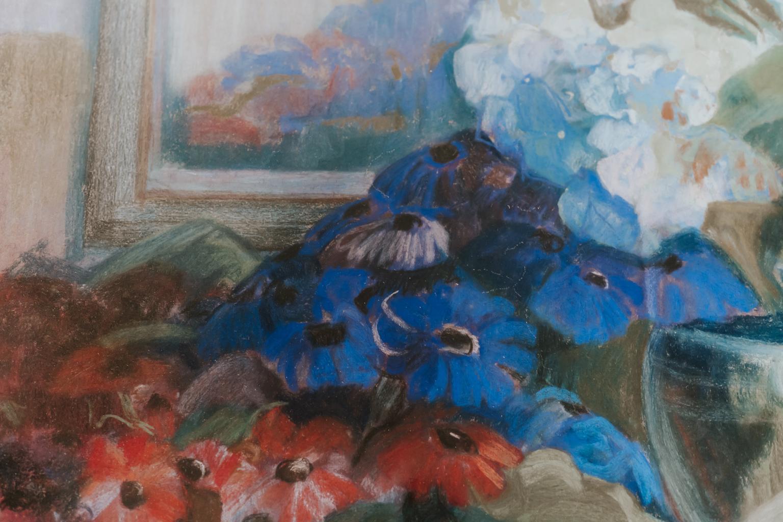 Hand-Painted Pastel Painting, Blue and Red Flowers