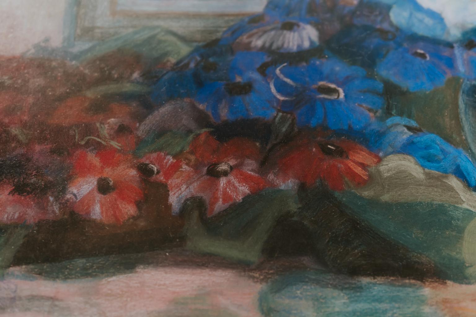 Paper Pastel Painting, Blue and Red Flowers