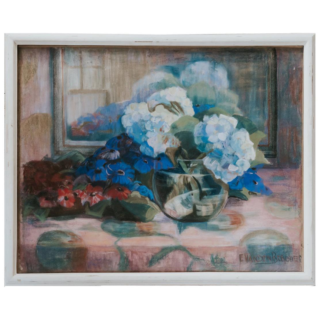 Pastel Painting, Blue and Red Flowers