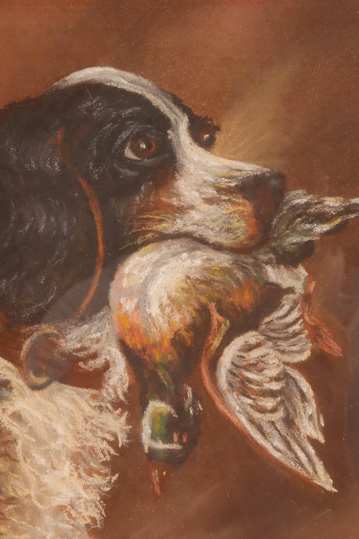 Pastellbild, das den Kopf eines Cocker Spaniels mit einer Ente darstellt England 1930 im Zustand „Gut“ im Angebot in Milan, IT
