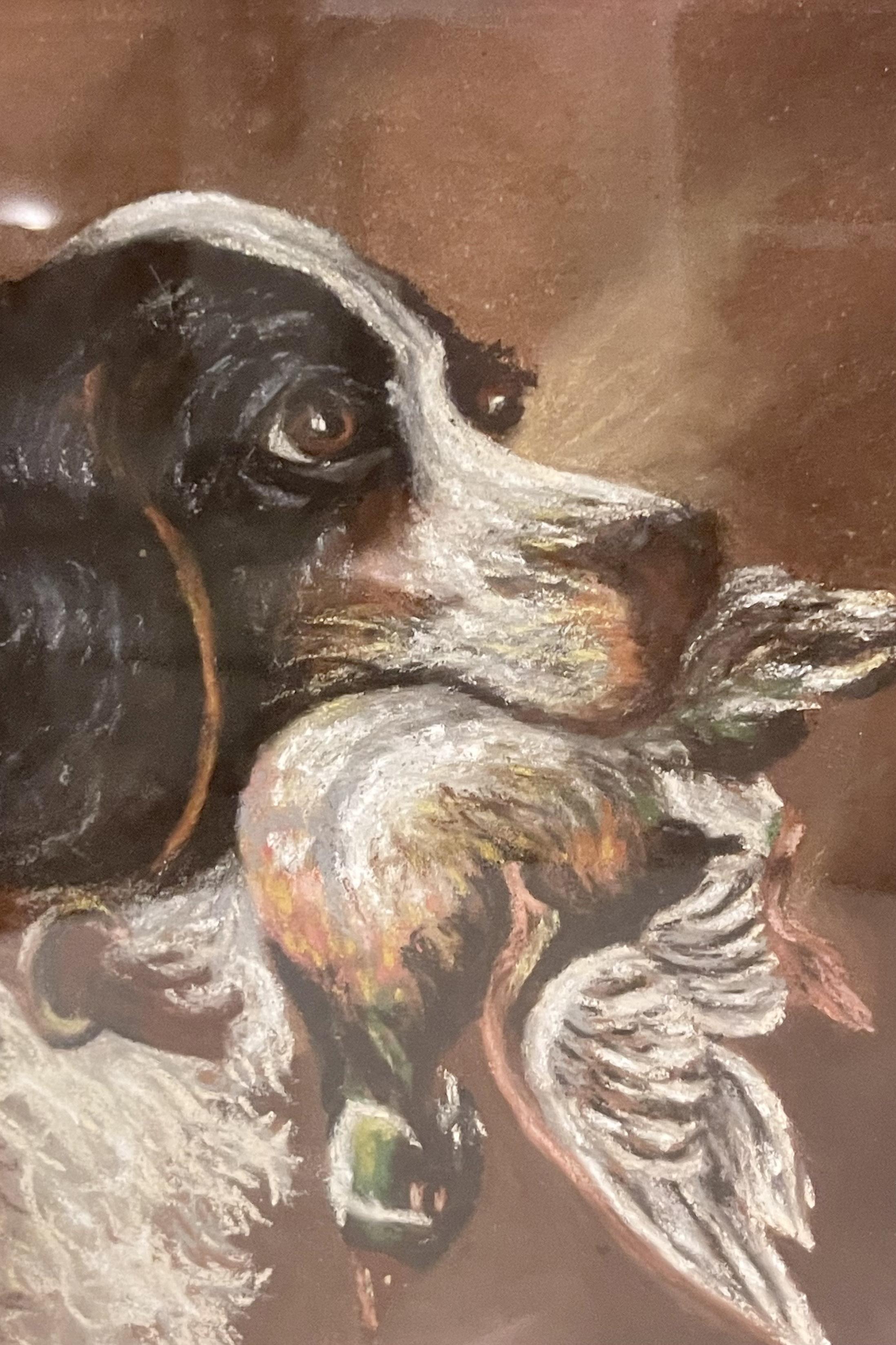 Pastellbild, das den Kopf eines Cocker Spaniels mit einer Ente darstellt England 1930 im Angebot 1