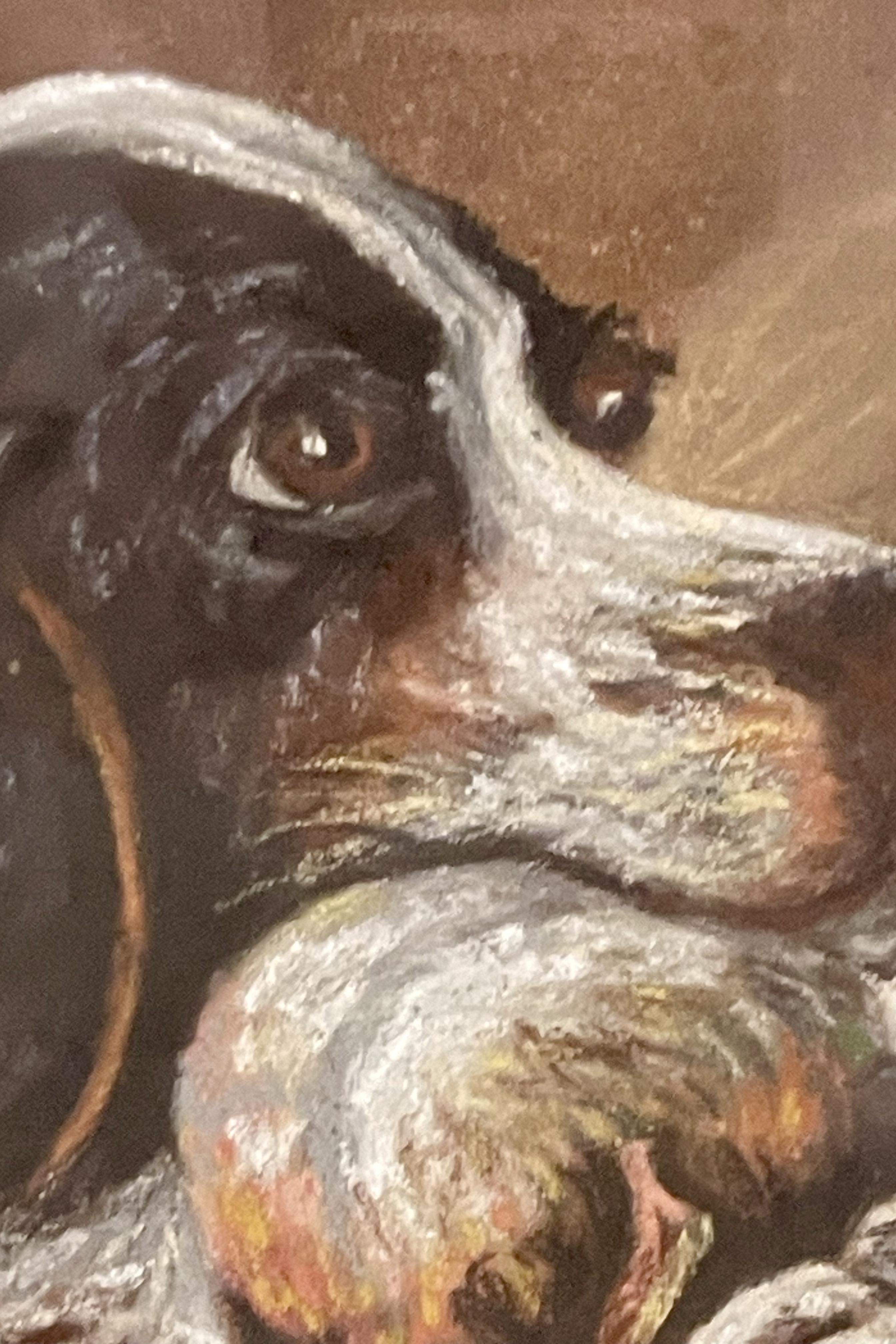 Pastellbild, das den Kopf eines Cocker Spaniels mit einer Ente darstellt England 1930 im Angebot 2