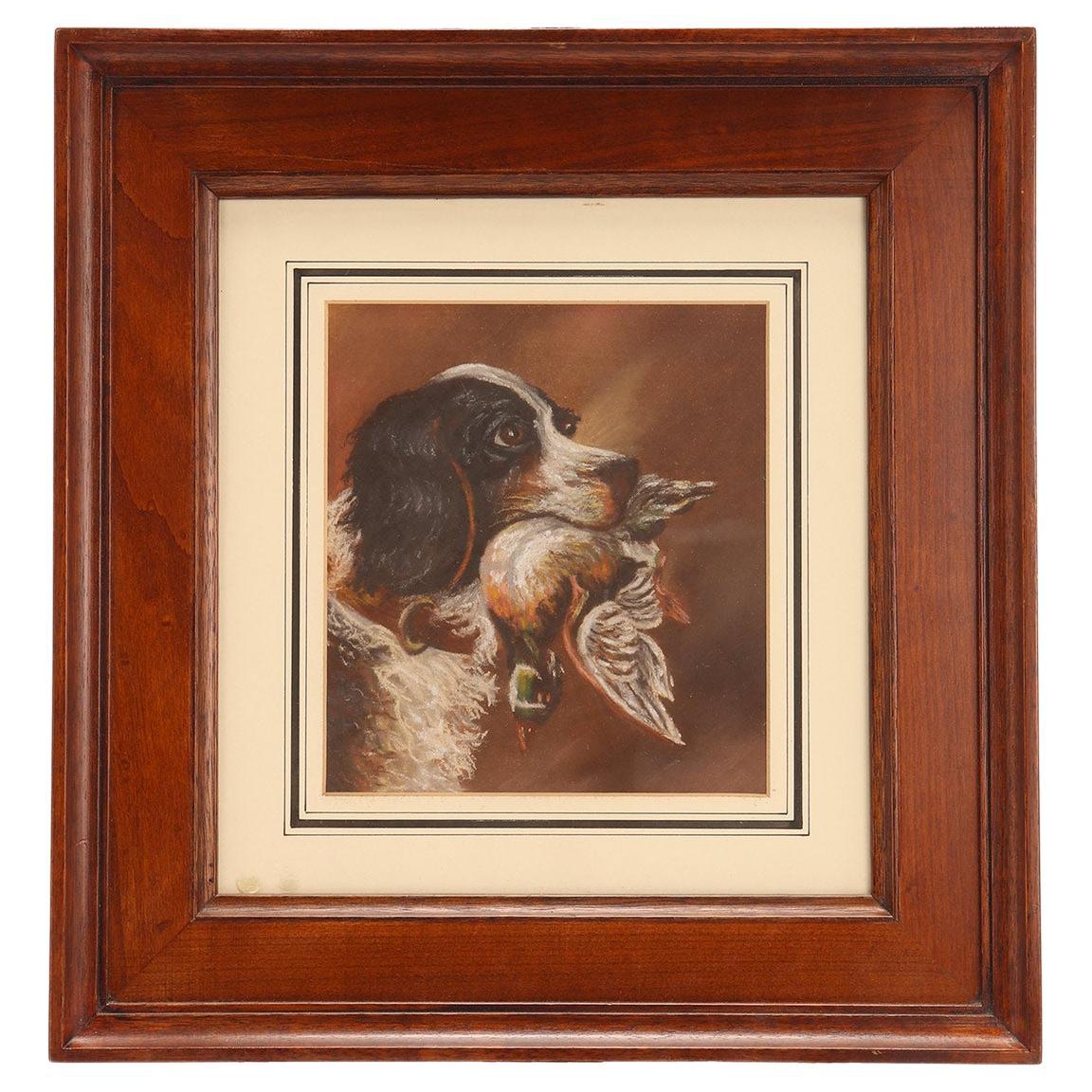 Pastel painting, depicting the head of a Cocker Spaniel with a duck England 1930
