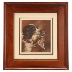 Pastel painting, depicting the head of a Cocker Spaniel with a duck England 1930