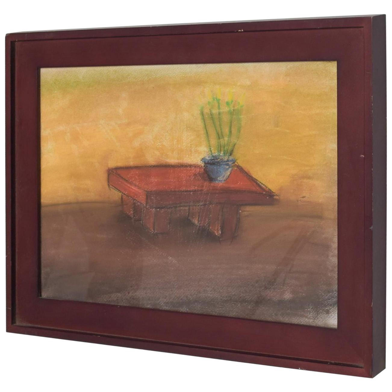 1990s Pastel Paper Art Drawing Still Life Table - P. Romo For Sale