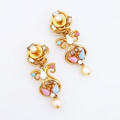 Pastel Pink & Blue Cabochon, Faux Pearl and Baguette Statement Earrings By Hobé