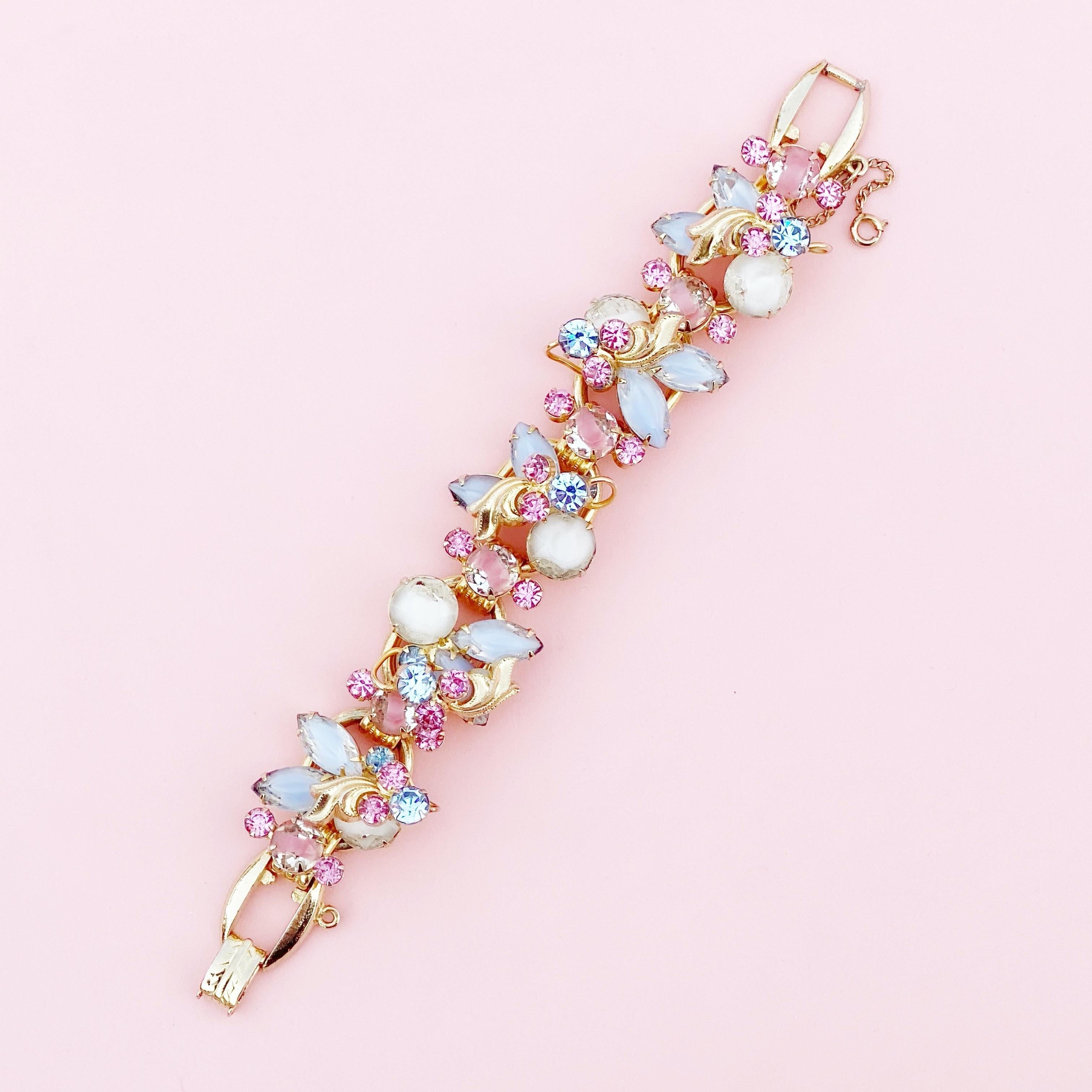 Pastel Pink & Blue Givre Glass & Rhinestone Juliana Bracelet By DeLizza & Elster In Excellent Condition For Sale In McKinney, TX