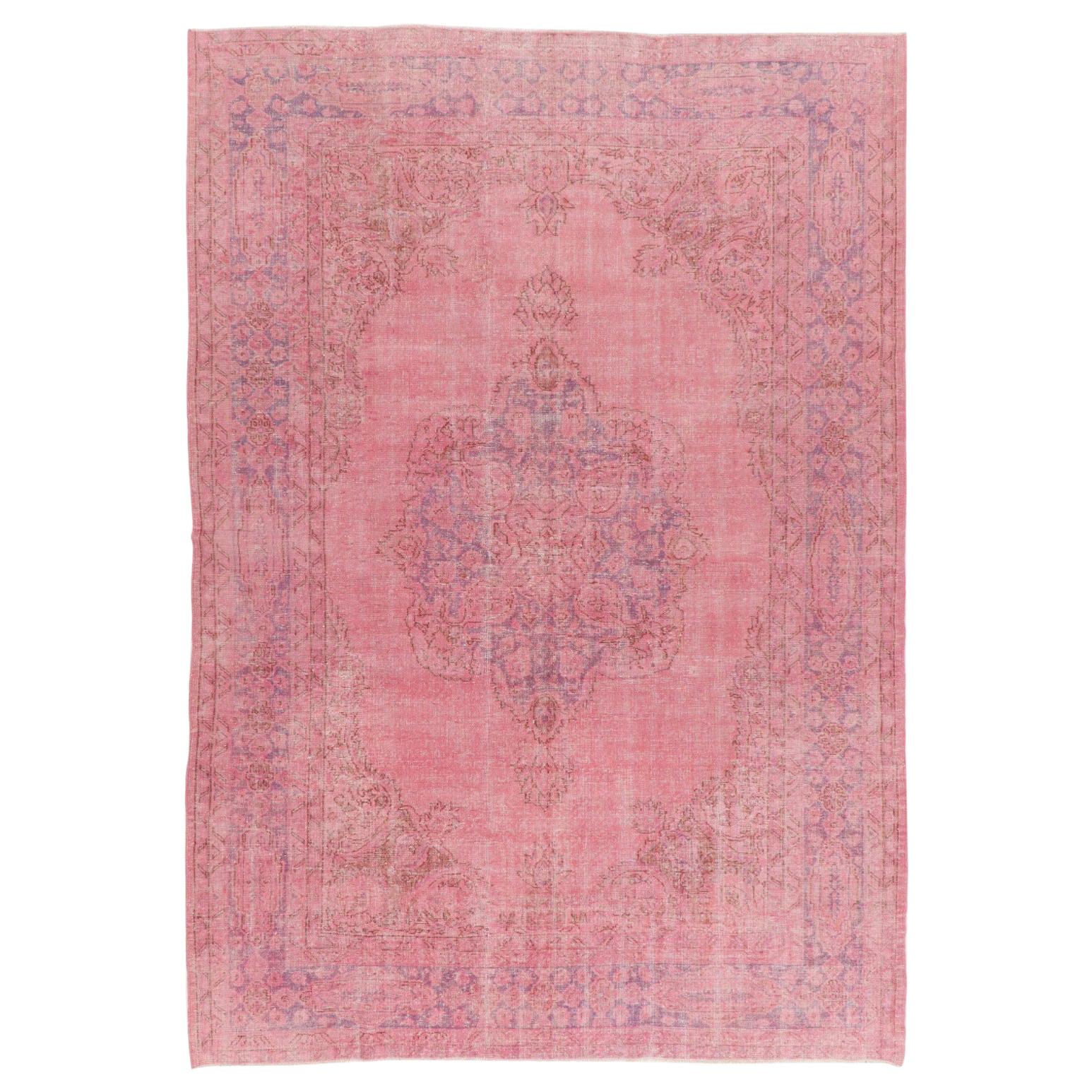 7.7x11 Ft Handknotted Vintage Turkish Wool Rug Overdyed in Lemonade Pink For Sale at 1stDibs