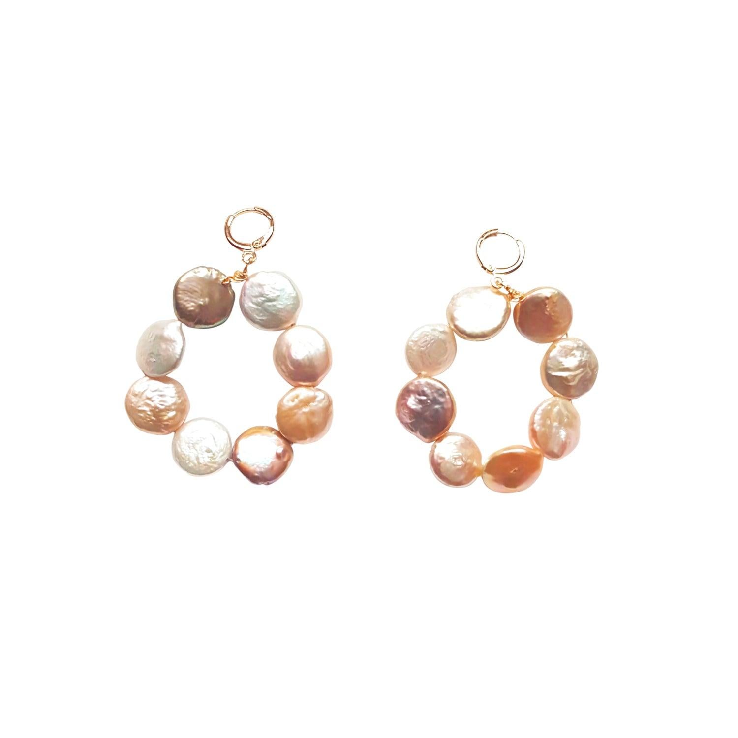 Bead Pastel Pink freshwater pearl hoop earrings  by Ifemi Jewels For Sale