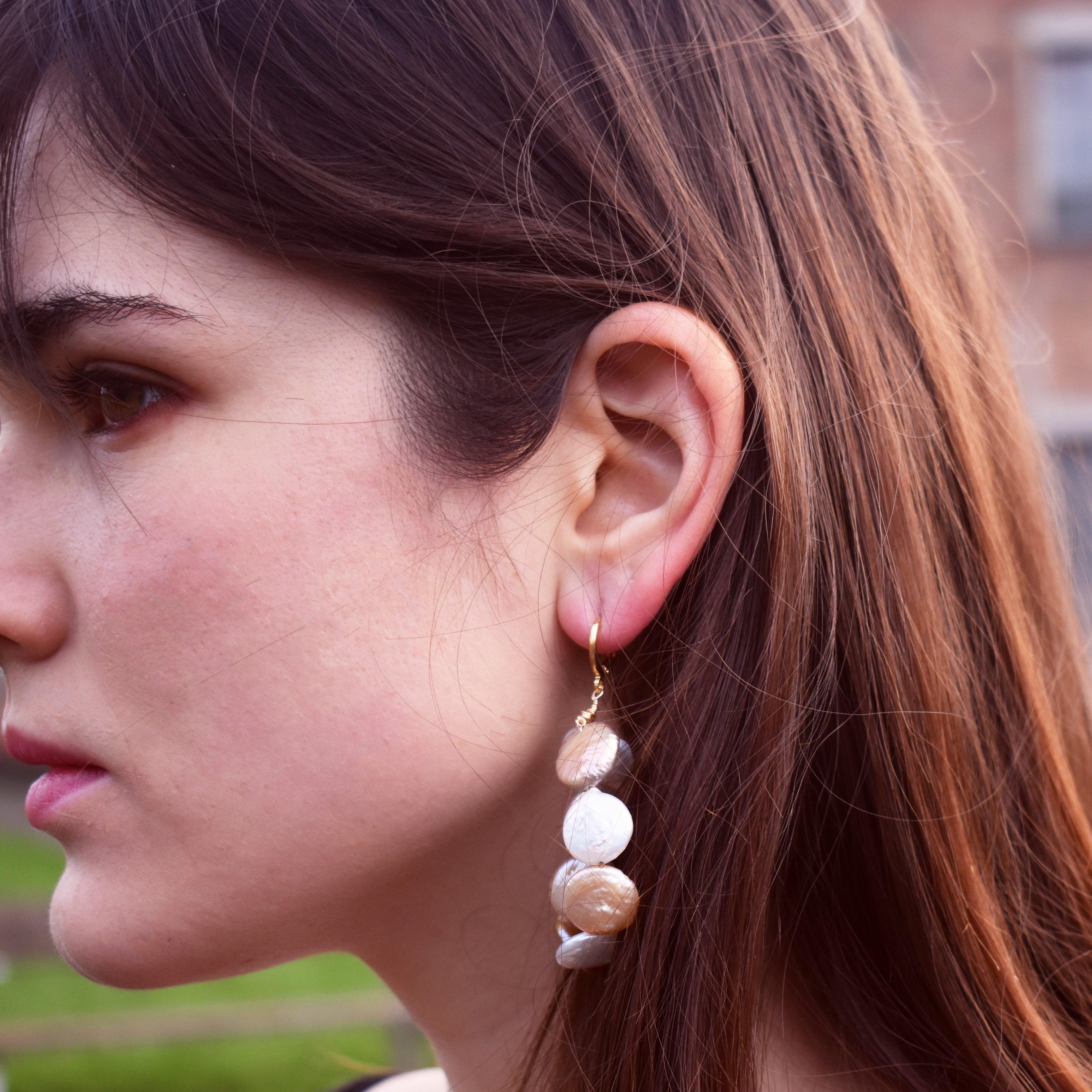 Pastel Pink freshwater pearl hoop earrings  by Ifemi Jewels In Good Condition For Sale In London, GB