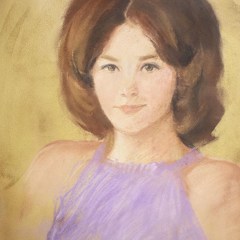 American Pastel Portrait of a Woman with Dark Hair and Purple Top, 1960s - Signed For Sale