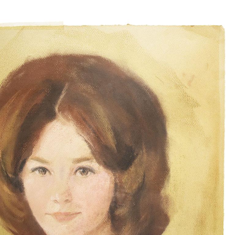 Pastel Portrait of a Woman with Dark Hair and Purple Top, 1960s - Signed In Good Condition For Sale In Oklahoma City, OK