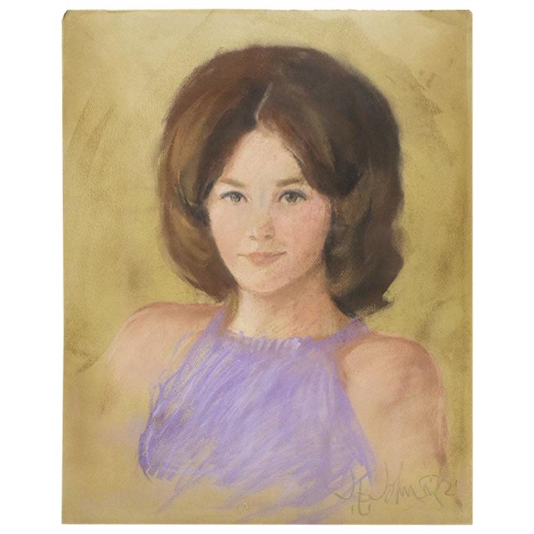 Pastel Portrait of a Woman with Dark Hair and Purple Top, 1960s - Signed For Sale