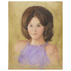 Vintage Pastel Portrait of a Woman with Dark Hair and Purple Top, 1960s - Signed