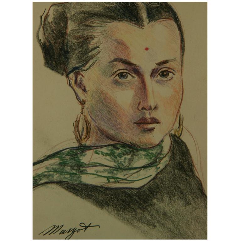 Mid-20th Century Pastel Portrait Painting