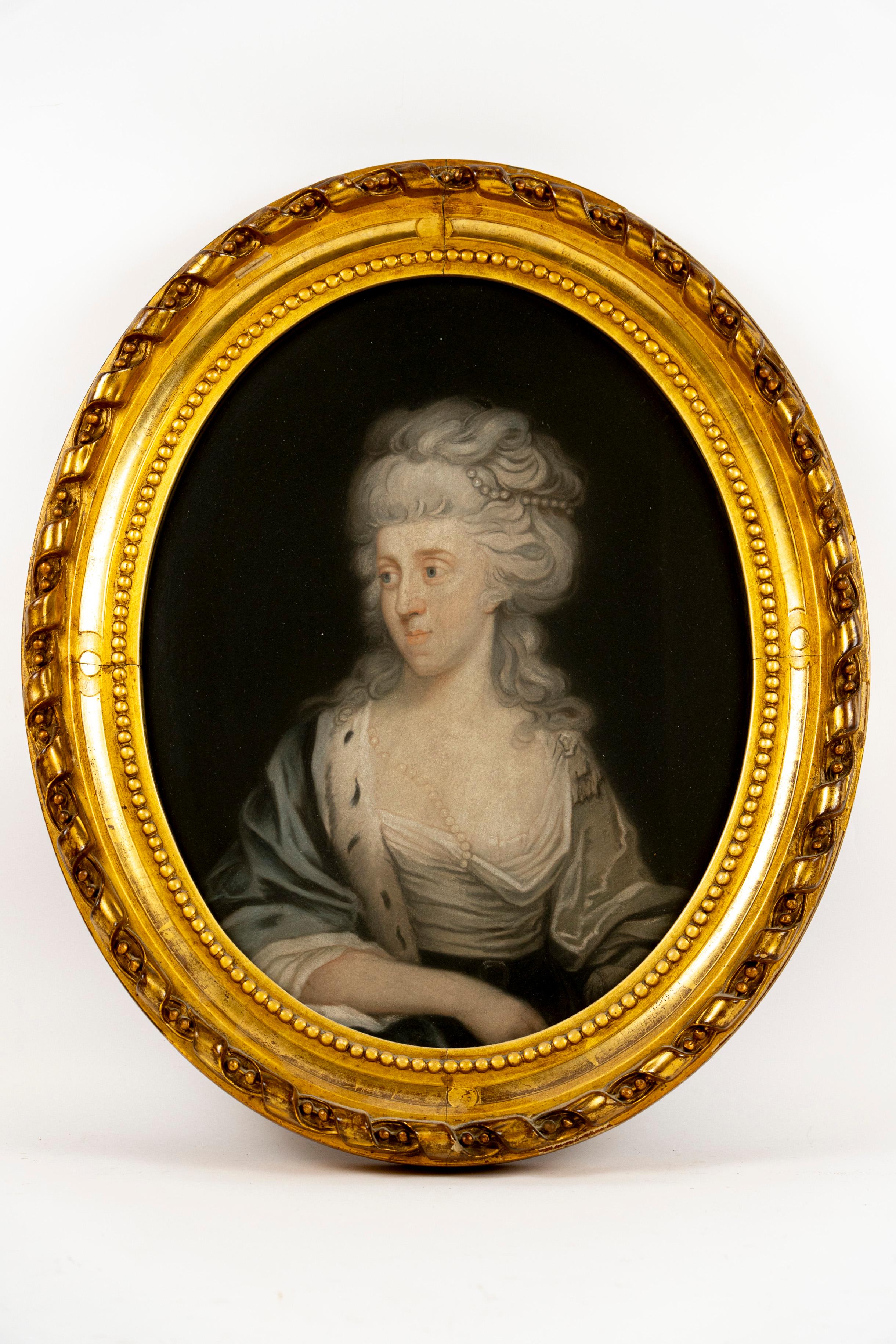 Ein fein ausgeführtes Pastellporträt von Louise Eleonore von Hohenlohe-Langenburg ( 1763-1837), einer Adeligen, deren Leben und Status in diesem Kunstwerk wunderbar eingefangen sind. Eleonore ist intim und anmutig dargestellt, sie trägt ein