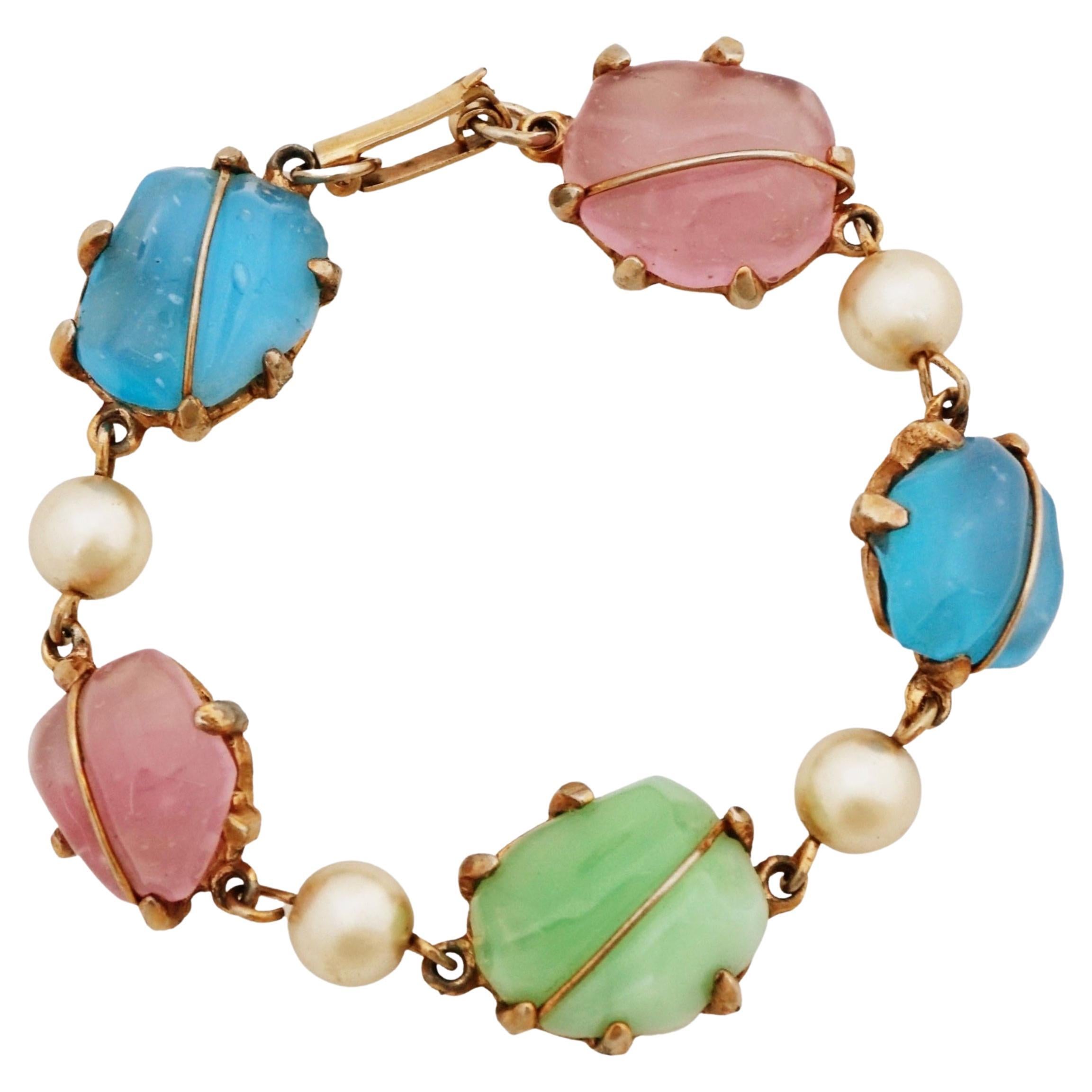 Pastel Poured Glass and Pearl Chain Bracelet, 1960s For Sale