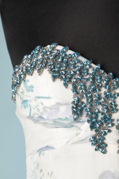 Pastel printed evening bustier dress with rhinestone embellishement Lorena Sarbu