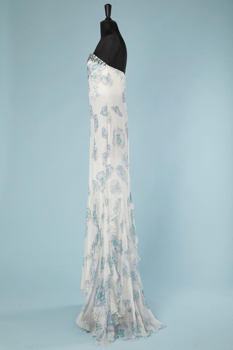 Pastel printed evening bustier dress with rhinestone embellishement Lorena Sarbu In New Condition In Saint-Ouen-Sur-Seine, FR