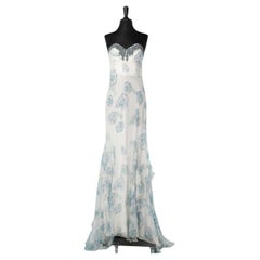 Pastel printed evening bustier dress with rhinestone embellishement Lorena Sarbu